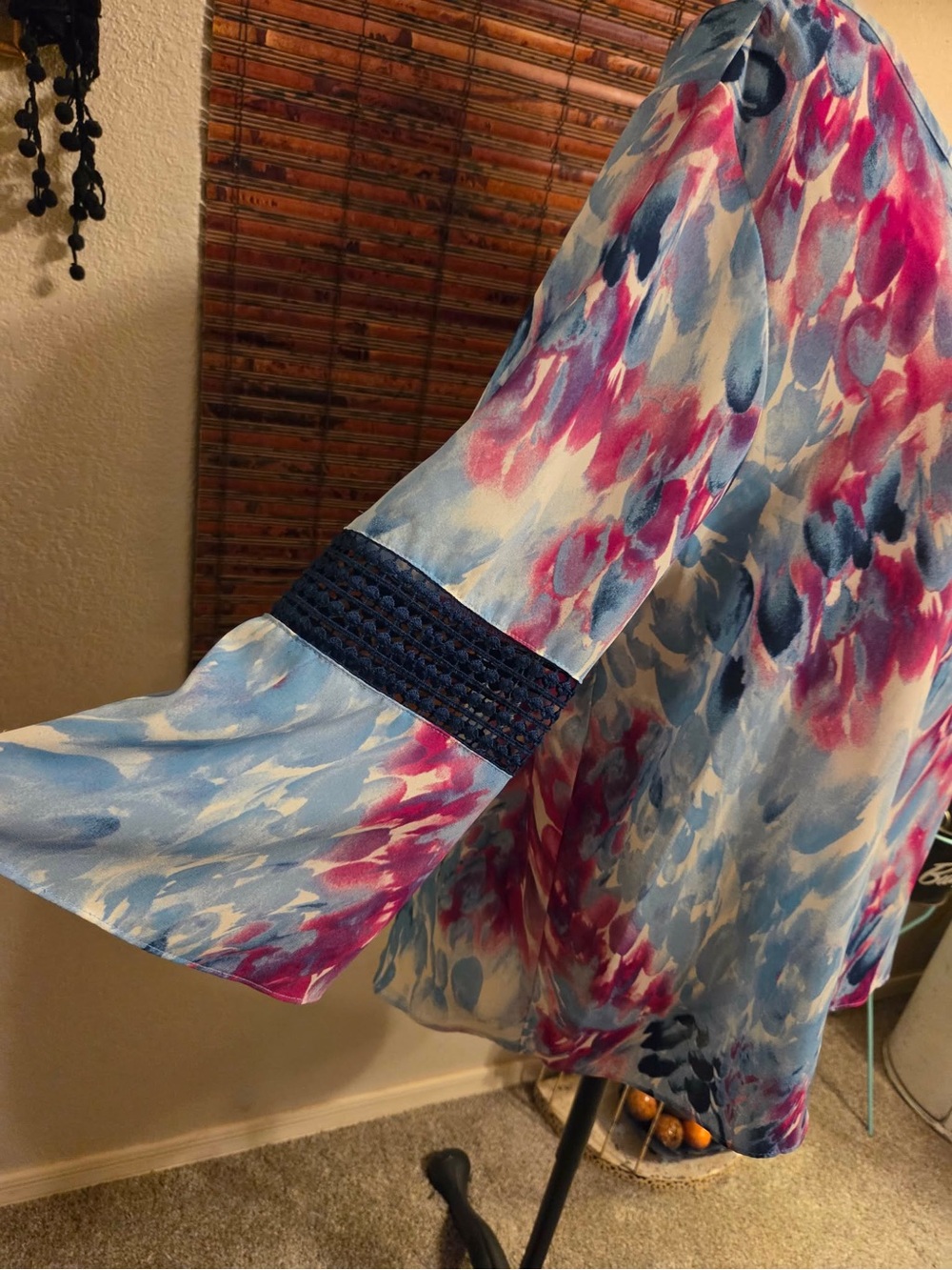 Women's Scoop Neck Floral Brushstroke Blouse in Blue & Pink - Picture 6 of 6